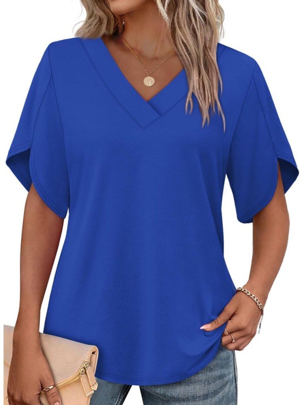 Women's Royal Elegant V Neck Short Petal Sleeve Shirt Summer Fashion Flair Tops